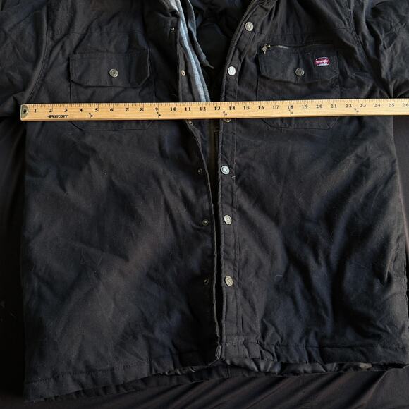 Wrangler Workwear Jacket Mens Large Black Hooded Canvas Quilted Lined Shacket - Picture 7 of 8